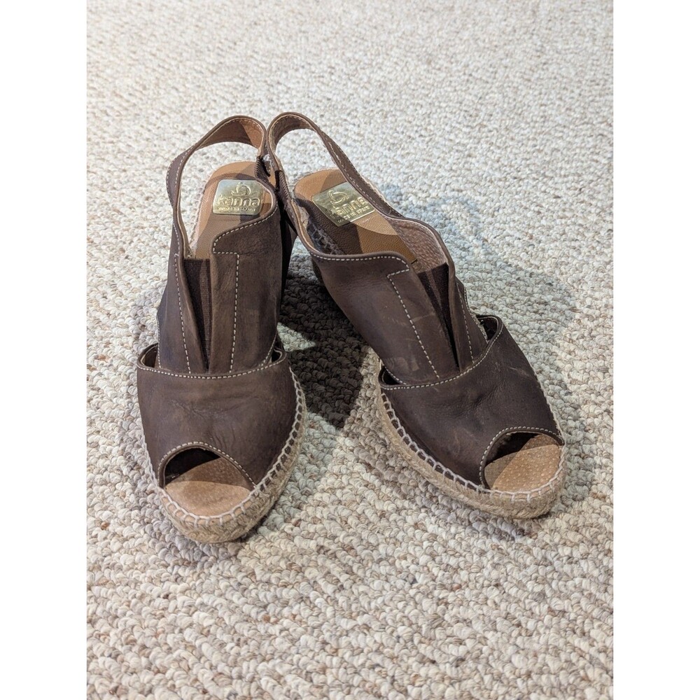 Kanna Espadrille Wedge Sandals Womens 40 US 9 Tan Suede Peep Toe Boho